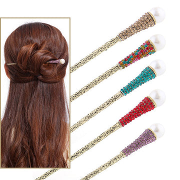 Antique Brass Finish Hair Stick with Blue Rhinestones and Pearl